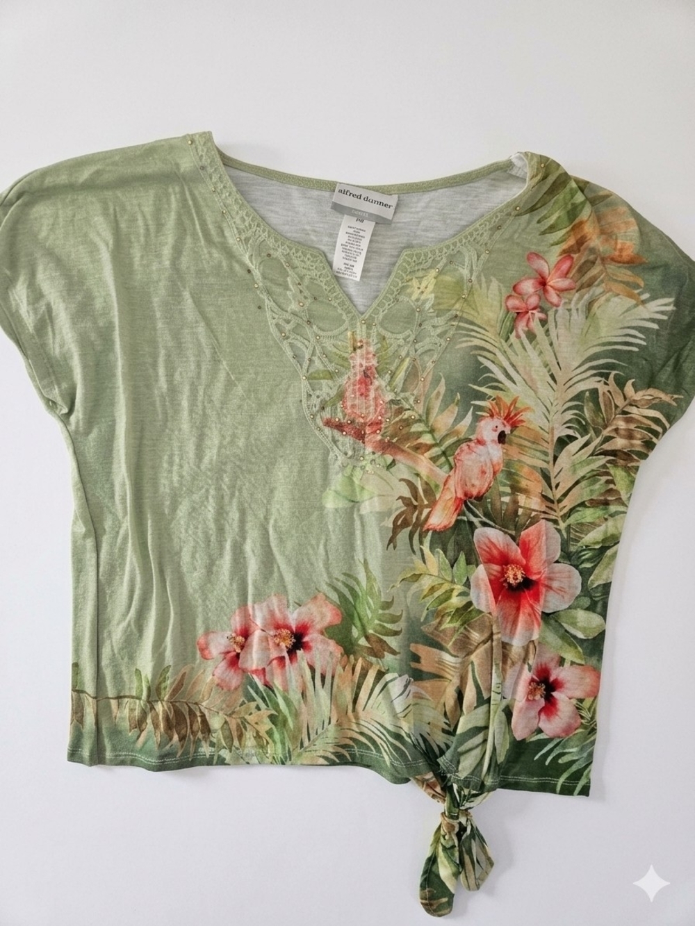 Alfred Dunner green tropical floral short sleeve tie-front top